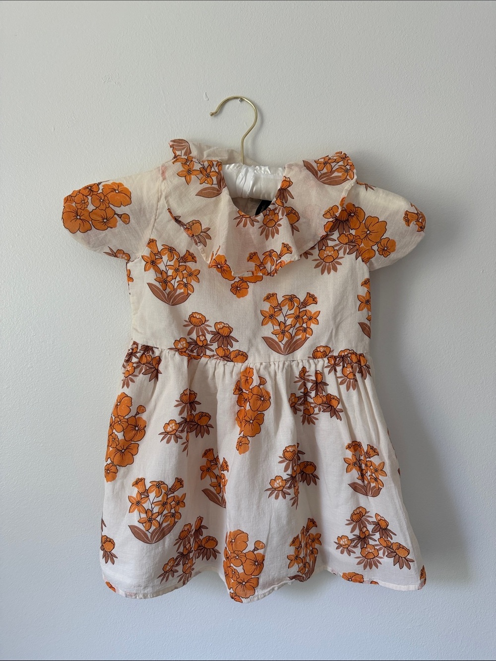 Mini Rodini Girls' Floral Ruffle Collar Dress - Cream with Orange Flowers